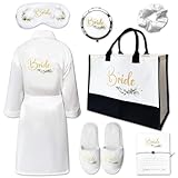 7pc Bride Gifts Botanical Bride Dressing Gown Robe Set White Large Tote Bag Makeup Bag Slippers Bracelet Sleep Mask Gift for Wedding Day Spa Party Proposal Bridal Shower