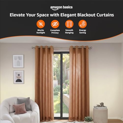 Image of Amazon Basics - Room Darkening Blackout Door Curtains, 100% Room Darkening | 7 Feet |Set of 2| Embossed | Self Deisgn |for Living Room and Bedroom | 115cmx 210cm, Color- Coffee