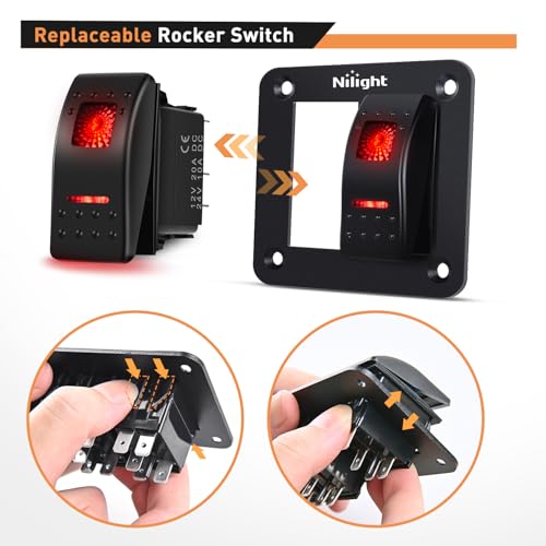 Image of Nilight 2 Gang Rocker Switch Panel SPST On Off Toggle with DIY Label Sticker | 5PIN Electrical 12V /20A 24V /10A Aluminum Plate with Pre-Wired Jumper Wires for LED Light Bar RV Boats 4X4 Cars Red