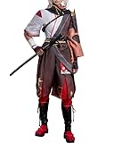 ♠ 【Kazuha Kostüm Feature】Kazuha Cosplay Outfit, Falling Leaves, wird beschrieben, um Ahornblätter Muster zu haben, die das Markenzeichen seiner wandernden Samurai Kleidung sind. Es besteht aus einem grauen Hemd und einer braunen Hose mit schwarzem Tuch, der die linke Körperhälfte bedeckt und dahinter seine Anemo-Vision gesteckt ist. Die Samurai-Schulterplatte ist für die linke Schulter, und die Bandage ist uesd auf der rechten Hand.