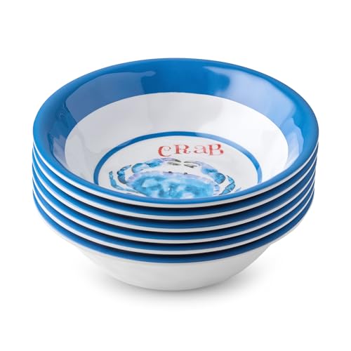 Beach House Crab Melamine All-Purpose Bowls – Set of 6, 22 oz., Durable, Shatterproof, Lightweight & Dishwasher-Safe