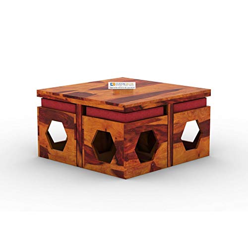 Image of CUSTOM DECOR Wooden Coffee Table with 4 Stools for Living Room | Honey Finish, with Cushion