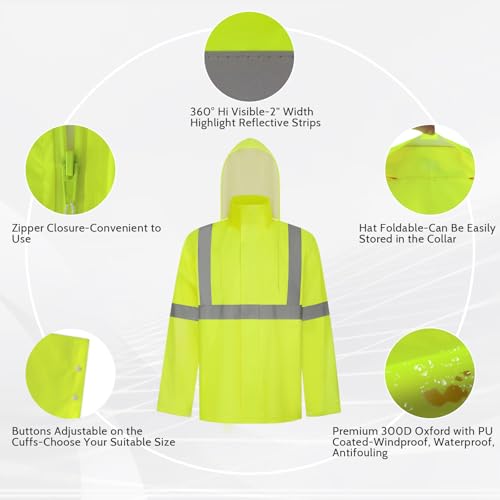 TCCFCCT Rain Jacket Men Hi Vis Rain Suits for Men Waterproof with Hood, Heavy Duty Long Rain Coats for Men Work,Safety Rain Gear for Men Women for Hiking Camping Outdoor Activities, L-XL Yellow NP3