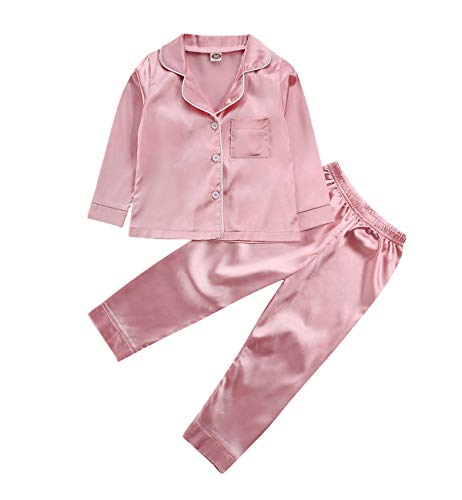 Toddler Baby Kids Satin Pajamas Set, Long Sleeve Button-Down Sleepwear PJs for Girls (4T, A-Pink)