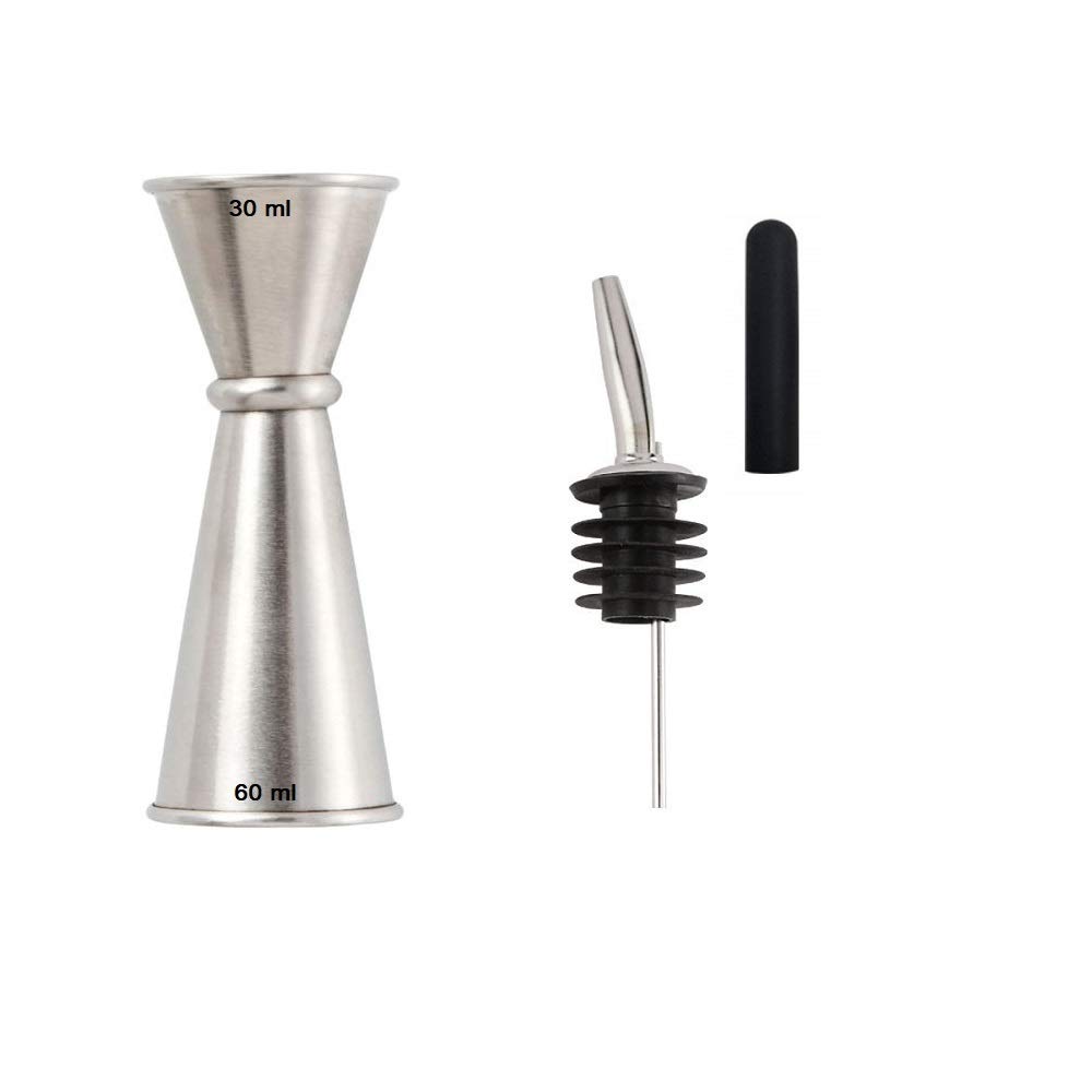 NJ Japanese Style Double Side Stainless_Steel Peg Measure 30 and 60 ml, Drink Measuring Bar Tool Jigger with Bottle Pourer: 2 Pcs Set