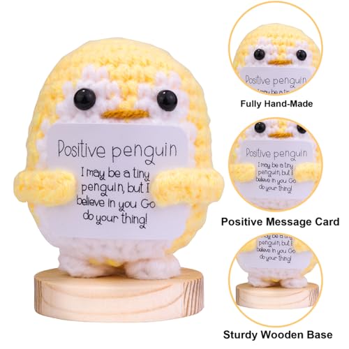 Mwmoeen Pingouin positif amusant, porte-bonheur, cadeau de poche, pingouin tricoté mignon avec carte positive, cadeau d'encouragement, cadeau de motivation, cadeau de meilleure amie – vue 3