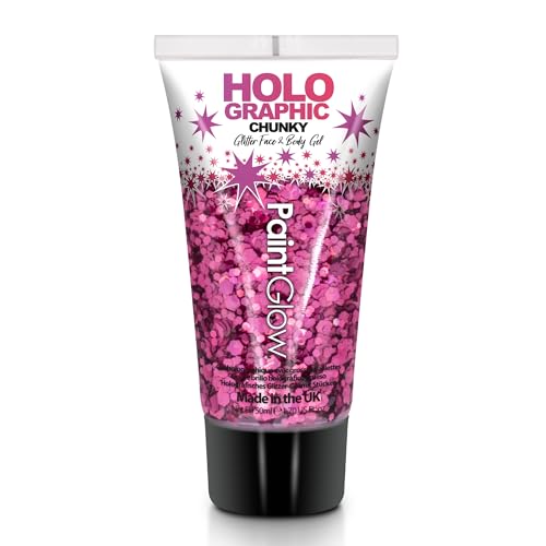 Chunky Cosmetic Glitter gels 50ml for face, Body & Hair from PaintGlow (Vegan) (Princess Pink)