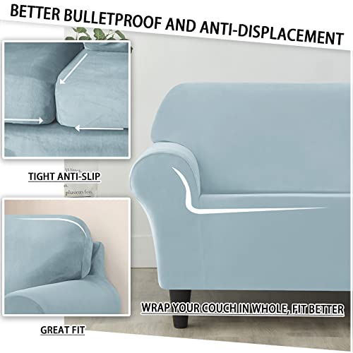 Housse de canapé 3 places velours extensible bleu housse de coussin dossier séparé - 6