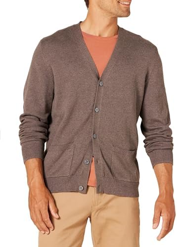 Amazon Essentials Men's V-Neck Cotton Knitted Cardigan Sweater, Ribbed