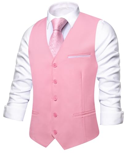 Image of Hi-Tie Men's Formal Suit Vest Solid Fit Vest for Men 3 Pockets V Neck Waistcoat Business Wedding Casual