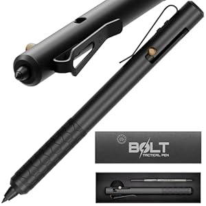 Off-Grid Knives BOLT Tactical Pen with Tungsten Carbide Glass Breaker, Overbuilt Bolt Action XL Writing Tool, Aircraft Aluminum, German Ink, Stainless Steel Clip (Blackout)
