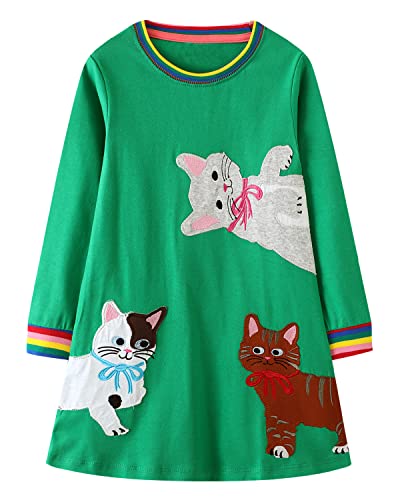 Image of Girls Cotton Long Sleeve Casual Cartoon Appliques Striped Jersey Dresses