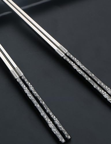 Image of Metal Chopsticks Reusable, Non-Slip Chop Sticks Reusable Dishwasher Safe, Titanium Plated Stainless Steel Chopsticks+Floral Black 3 Pairs