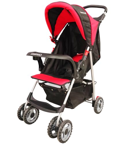 Image of AmorosO Single Stroller - Baby Stroller with Four Wheels - Lightweight Stroller - Convertible Stroller with Extra Storage Space - Foldable Stroller with Sun Protection Hood Cover (Red)