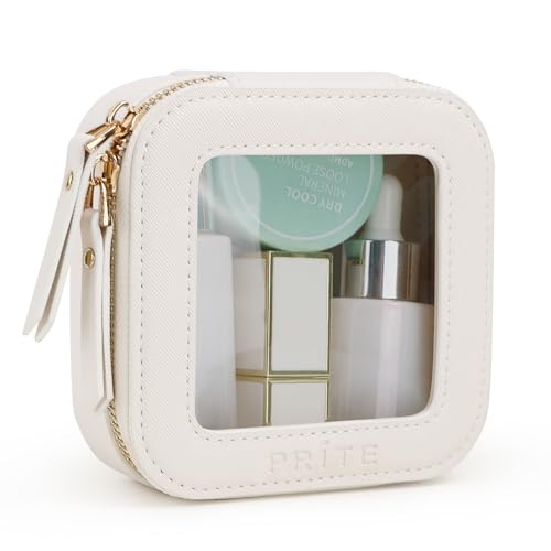 Prite Small Makeup Bag for Women Portable Clear Makeup Bag Cute Mini Waterproof Travel Cosmetic Bag with Gold Zipper for Car Essentials(Beige)