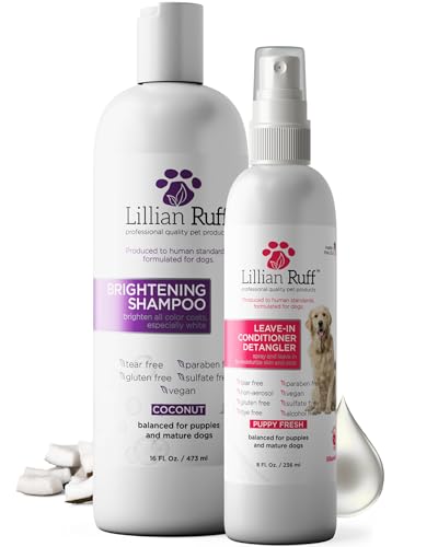 Image of Lillian Ruff PRO Formula Ultra Brightening Dog Shampoo & Leave-in Conditioner Detangler Set - Professional Whitening, Stain Removal, Dematting, Detangling & Odor Control with Aloe & Provitamin B5