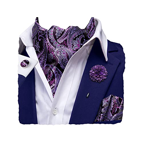 Hi-Tie Silk Ascot for Men Self Tie Men's Cravat and Flower Lapel Pin Handkerchief Cufflinks Set for Wedding Party
