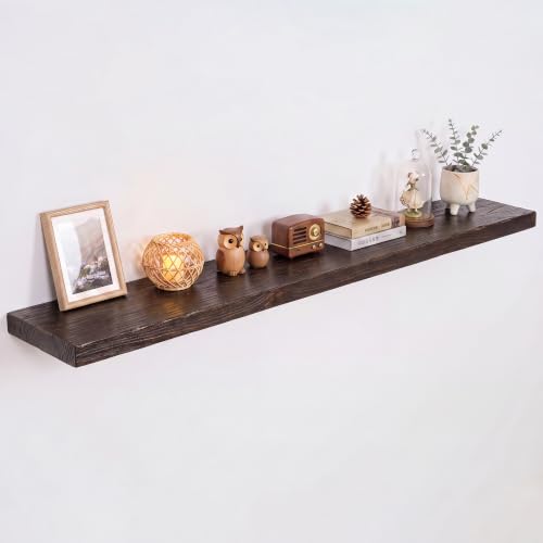 Image of RICHFOCUS Elm Floating Shelves for Wall - 72 inch W x 9.3 inch D Rustic Solid Wood Shelves with Invisible Bracket, Wall-Mounted for Living Room, Bedroom, Kitchen Storage & Display, Set of 1, Walnut