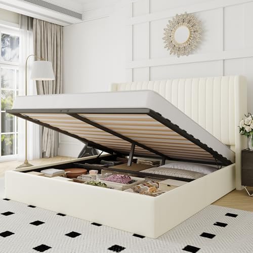 Image of Allewie Queen Size Lift Up Storage Bed Frame Channel Tufted Headboard Cream