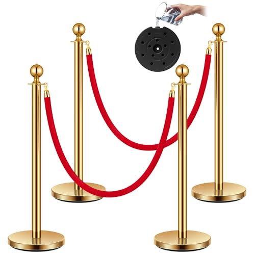VIVOHOME 4PCS Stainless Steel Stanchions and 2 Red Velvet Ropes, Upgraded Water - Fillable Heavy Base Crowd Control Barriers, for VIP Events, Red Carpet, Museums, Theaters & Party Supplies (Golden)