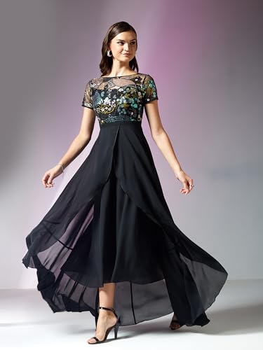 Image of Miss Chase Women's Round Neck Short Sleeve Floral Layered Georgette Midi Dress