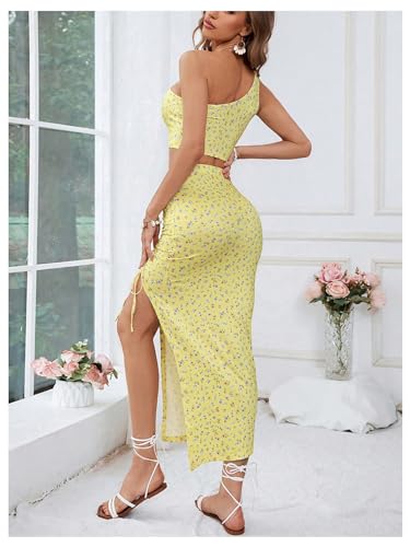WDIRARA Women's 2 Piece Outfits Floral Print Skirt Set One Shoulder Crop Top Drawstring Split Skirt2