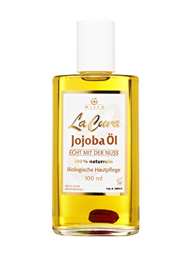 Wilco LA CURA Jojoba Öl - Feuchtigkeitsspendend für Körper und Gesicht - kalt gepresst - in umweltfreundlicher Glasflasche - Echt mit der Nuss - 100 ml
