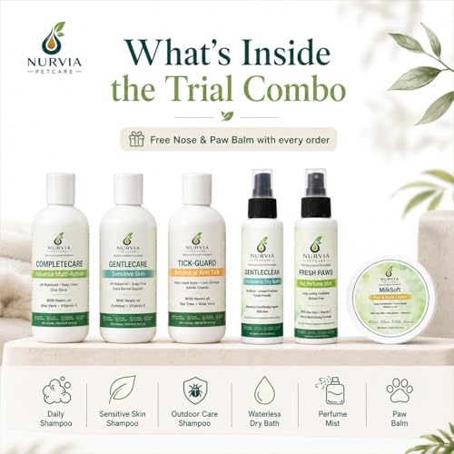 Image of Complete Dog Grooming Bundle by Nurvia Petcare | All 6: Anti-Tick + 5-in-1 + Puppy Shampoo + Dry Bath + Perfume Mist + Paw Balm | Neem Tea Tree Oatmeal Goat Milk | Sulphate-Free | Full Kit