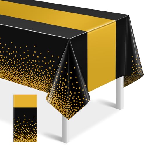 Image of 1Pcs Black and Gold Tablecloth Party Decorations,Plastic Black Table Cloth Printed Gold Table Runner Disposable Rectangle Tables Cover for Birthday Retirement Anniversary Graduation Party,54 x108 Inch