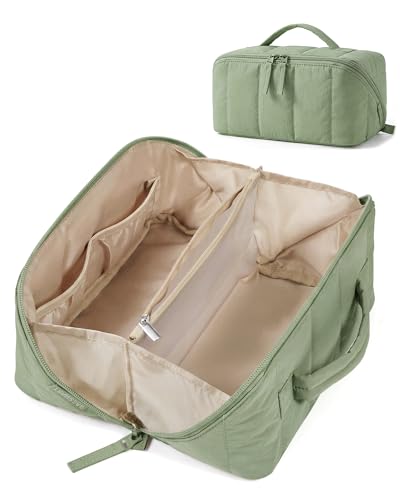Image of BAGSMART Puffy Travel Makeup Bag Toiletry Bag for Women, Sage Green | Open Flat, Portable, Make Up Organizer, Water-resistant, Puffy Padded, For Toiletries, Brushes