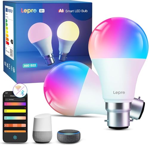 Lepro AI Smart Bulb B22, Music Sync Bayonet WiFi Bulb, Colors Changing Light Bulb Compatible with Alexa & Google Assistant, 806lm, Voice Control, Personalized AI Lighting Designer, 2 Packs