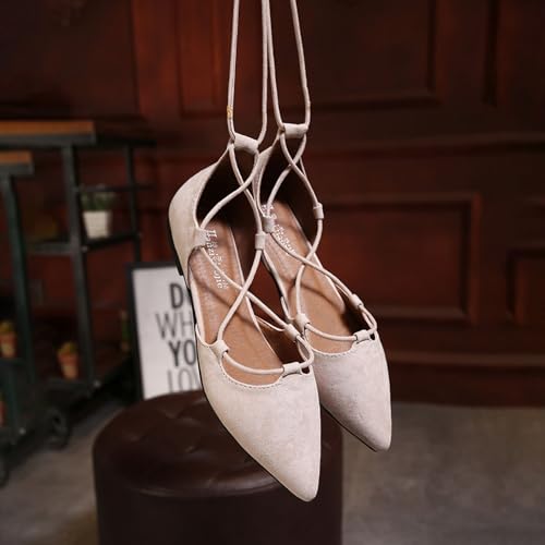Bellirala Women's Pointy Toe Ballet Flats Cross Strap Wrap Ballerina Shoes Faux Suede Lace Up Closed-Toe Flat Strappy Sandals3