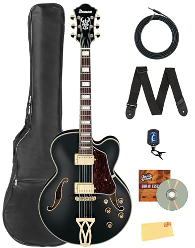 Ibanez AF75G AF Artcore Hollow Body Electric Guitar - Black Flat Bundle with Gig Bag, Tuner, Strap, Cable, Austin Bazaar Instructional DVD, and Polishing Cloth