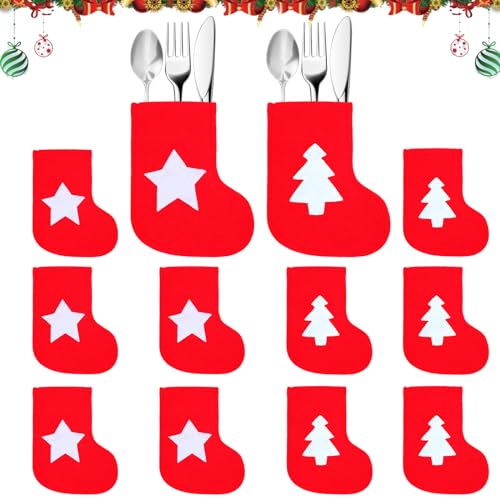 12 Piezas Porta Bolsitas para Cubiertos de Navidad Decoracion Mesa Navideña Calcetines Rojos Árbol Estrella Adecuado para Reuniones Familiares, Cenas Navidad, Decoración Restaurantes(B)