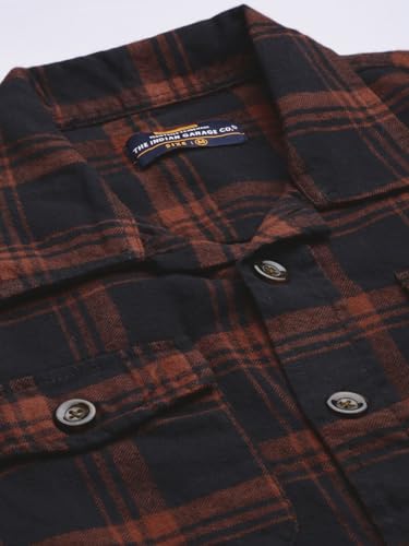 Image of The Indian Garage Co Men Regular Fit Checkered Full Sleeves Spread Collar Double Flap Pocket Casual Over Shirt
