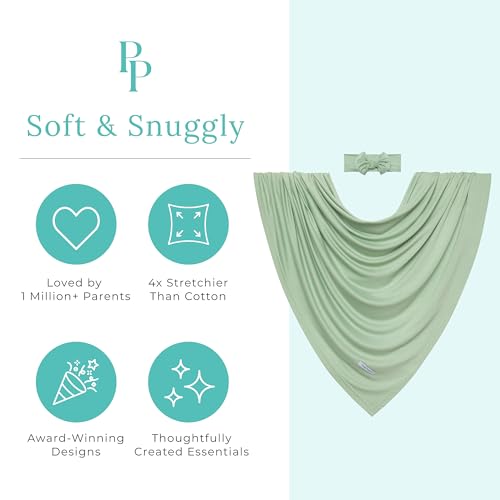 Image of Posh Peanut Swaddle Blanket & Headband Set - Viscose from Bamboo Stretchy Baby Swaddle for Newborn Girls, Receiving Blanket or Nursing Cover (Sage)