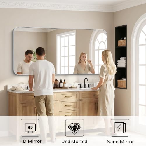 Image of DESBING 72 inchx36 inch Bathroom Mirror for Over Sink, Silver Framed Wall Mirror | High-Definition Shatterproof Vanity Mirror with Rounded Corner for Bedroom Living Room Entryway Horizontally or Vertically