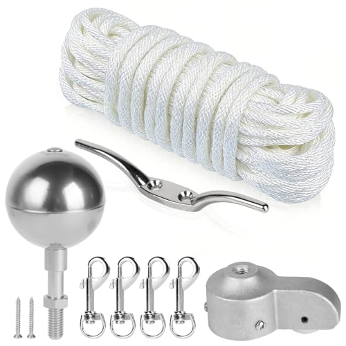 DBREAKS Kit Accessori per Asta Bandiera, Kit di Riparazione per Aste incl. Punta a Sfera Oro, Topoer con Carrucola, Moschettone, Tacchetta, 15m Corda, per la Decorazione del Giardino, Argento