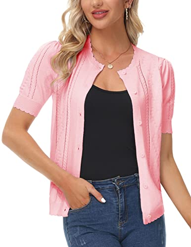 Women's Cardigans Short Sleeve Shrugs For Summer Dresses Crew Neck Button Down Sweaters Light Pink S #TOP4