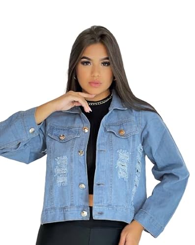 Jaqueta Jeans Feminina Curta (AZUL-ESCURO, GG)