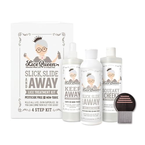 Lice Queen 4-Step Lice Treatment Kit - Slick Slide & Away Dimethicone Gel, Lice & Nit Comb, Squeaky & Cheeky Pre-Shampoo, Keep Away Spray - Safe, Non-Toxic Formula