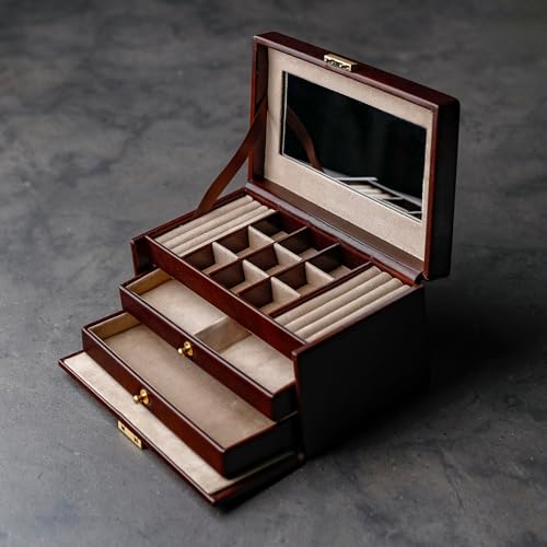 Image of Time Resistance Jewelry Box - Full Grain Leather Jewellery Organizer - Accessories Storage - Key Lock Box for Women (Brown)