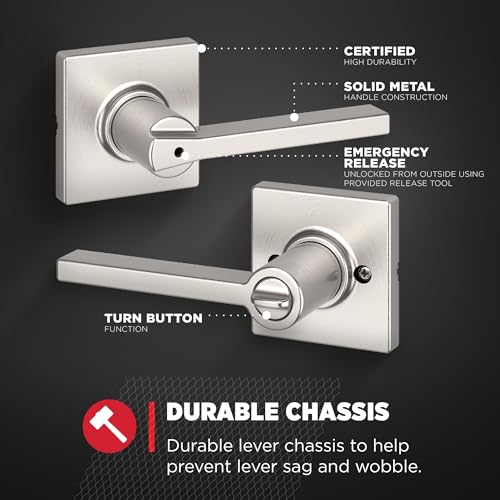 Image of Kwikset Casey Interior Privacy Door Handle with Lock, Door Lever for Bathroom and Bedroom, Satin Nickel Reversible Keyless Turn Lock, with Microban Protection, (Pack of 10)