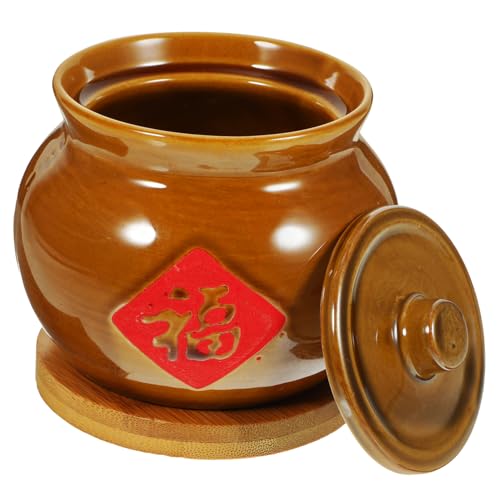 Cabilock 1 Juego Bol de Cerámica para de Bol de Estofado de Cerámica Resistente para Reuniones y Cocción al Vapor Color Bronce Antiguo con Base de Bambú