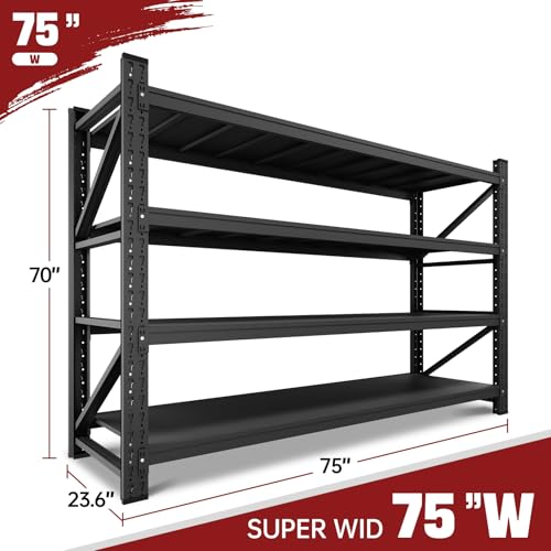 Image of RAVIGIN 9000LBS Storage Shelves, 75 inch W Garage Shelving Heavy Duty Metal Adjustable Garage Shelves, Shelving Units Industrial Shelving for Warehouse, 75 inch W x 24 inch D x 70 inch H, Black