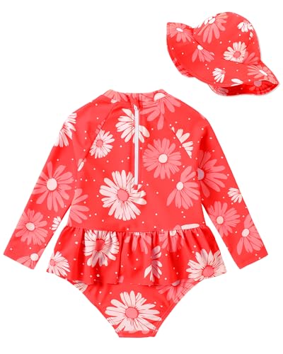 Image of Redair Toddler Girls One Piece Swimsuit Long Sleeve Bathing Suit with Hat UPF 50+ Sun Protection 1-5T