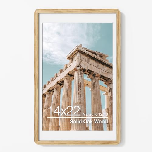 FLYJOE 14x22 Poster Frame | Solid Oak Wood 14x22 Picture Frame | 14 x 22 Picture Frame With Mat For 12x18 | Tempered Glass And Hanging Hardware Included | 14 by 22 Photo Frame, Natural Oak, 1 Pack