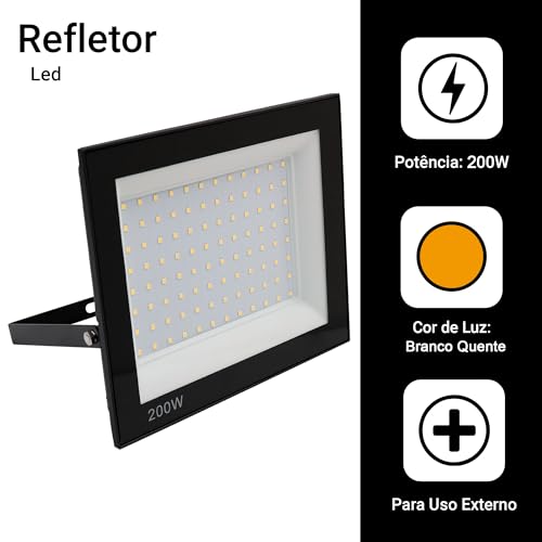 Refletor Led Holofote 200w Ip66 Bivolt Forte Quente 3000k