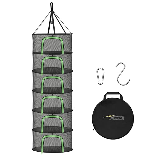 iPower Herb Drying Rack 6-Layer 2-Feet Hanging Mesh Net Dryer Collapsible with U-Shape Zippers, Pothook, Carabiner and Storage Pouch, for Hydroponics Flowers, Buds, Fruits, Seafoods, Clothes, New