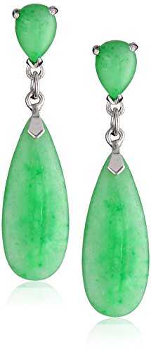 Amazon Collection Rhodium-Plated Sterling Silver Green Jade Teardrop Earrings